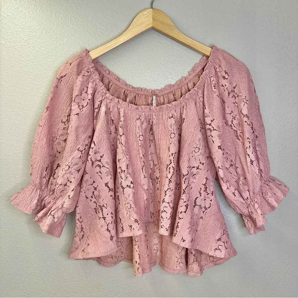 NEW Free People Stacey Lace Blush Tint Puff Sleeve Top Blouse Cropped Flowy